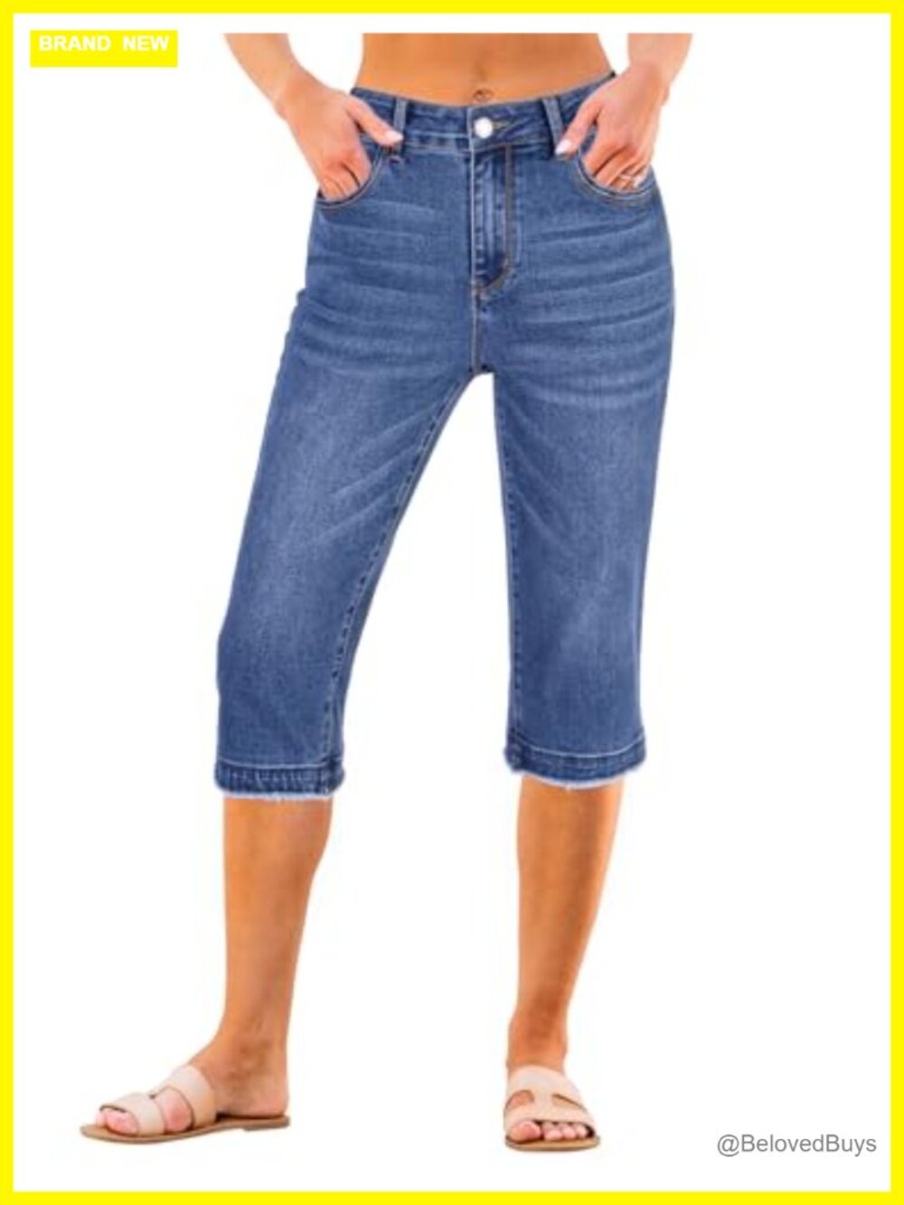 Mid Rise Raw Hem Denim Capri Jeans Stretch Straight Leg 18 Inseam